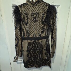 Black and Tan Sheath Dress with Long Sleeves and Mock Neck for Cocktail